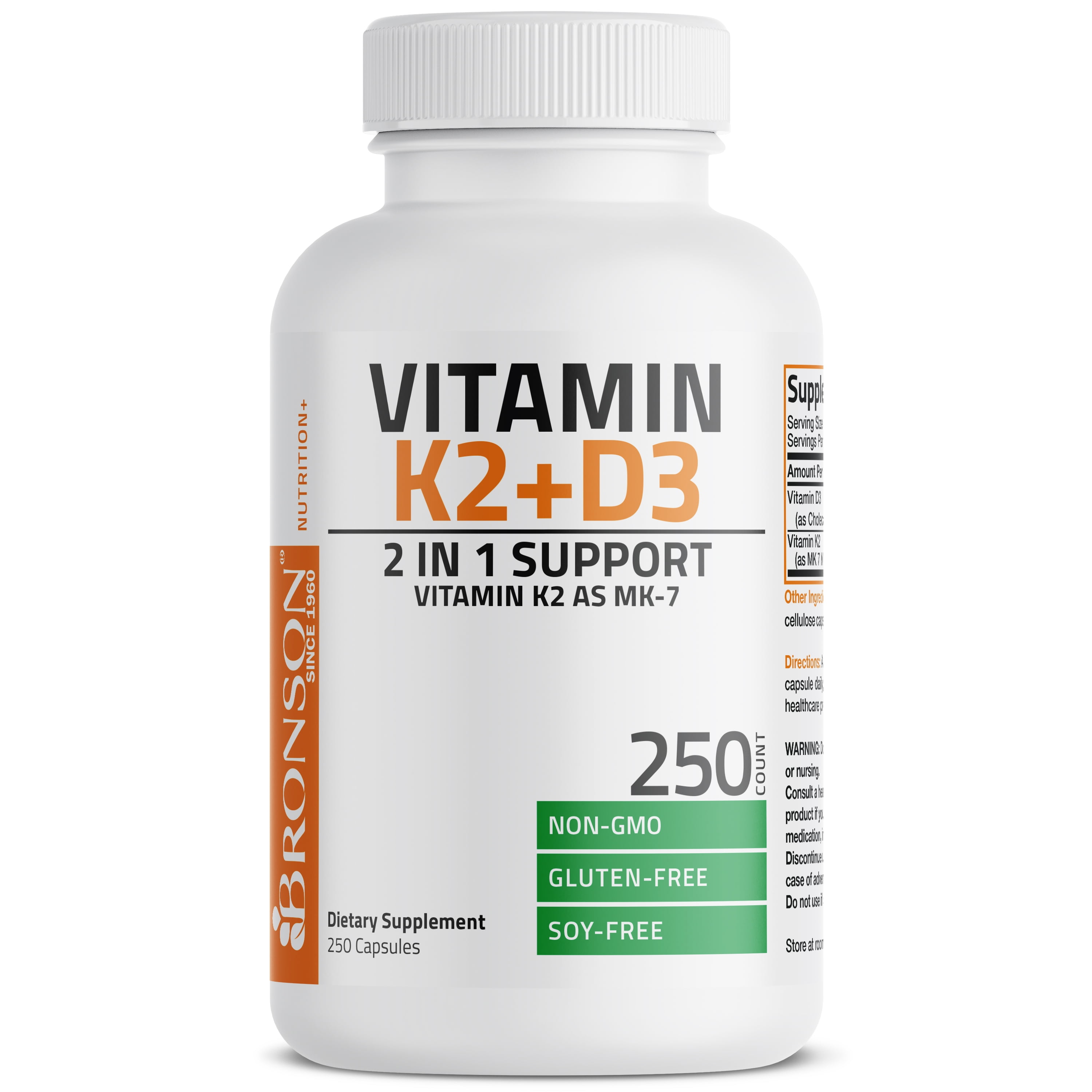 Bronson Vitamin K2 (MK7) with D3 Supplement Bone and Heart Health Non GMO & Gluten Free Formula - Easy to Swallow, 250 Capsules