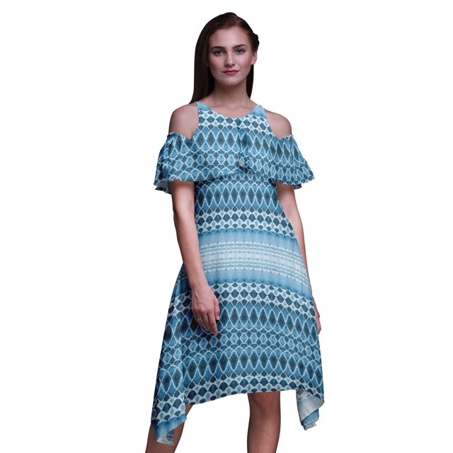 Bimba Tunique à Épaules Dénudées Imprimée Teinture sur Nœuds Bleue pour Femmes Robe de Soirée Col Rond - Moyen