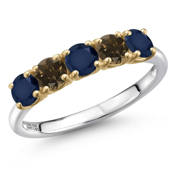 Gem Stone King 925 Silver and 10K Yellow Gold Blue Sapphire and Brown Smoky Quartz Wedding-Bands Ring for Women | 1.57 Cttw | Round 4MM | Gemstone September Birthstone | Size 6