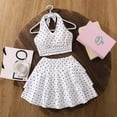 thumbnail image 2 of oqasdz Children Kids Girls Summer Outfits Polka Dot Print Halter Neck Cropped Tank Top and Elastic Waist Layered Skirt Party Outdoor Clothing Sets,White,10-11 Years, 2 of 6