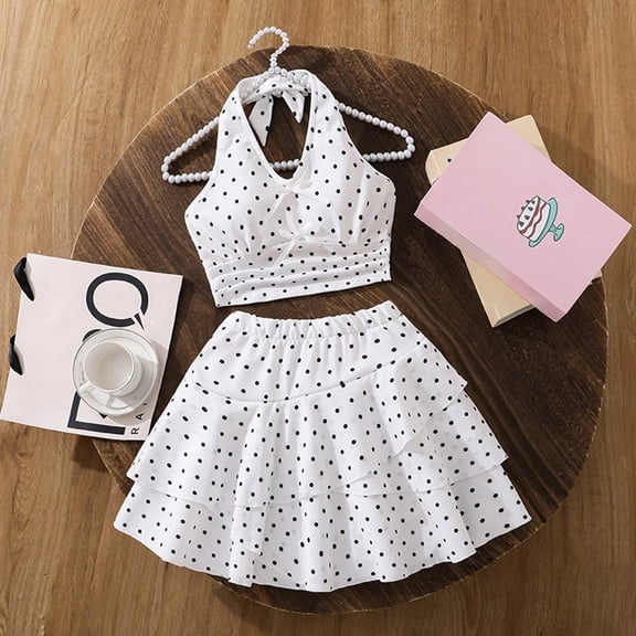 Girls 2-Piece Outfit Polka Dots Halter Neck Crop Top & Tiered Ruffle Skirt Set Cute Casual Summer Clothes for Kids White 12-13 Years