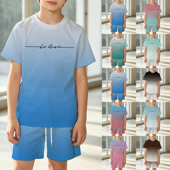 Baby Boy Outfit Boys Girls Gradient City Letter Mesh Short Sleeve Tee and Shorts Set Boys' Clothing Sets Mint Green 2-3 Years