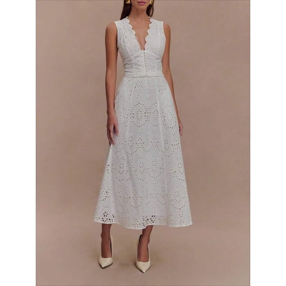 White Eyelet Lace Midi Dress With Scalloped V-Neck And Sleeveless Fit