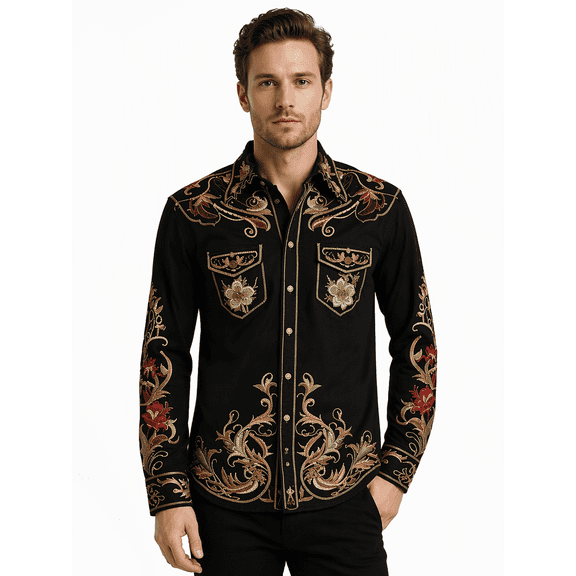 Tbfashion Mens Western Ornamental Shirt Long Sleeve Button Front Collared Statement Top