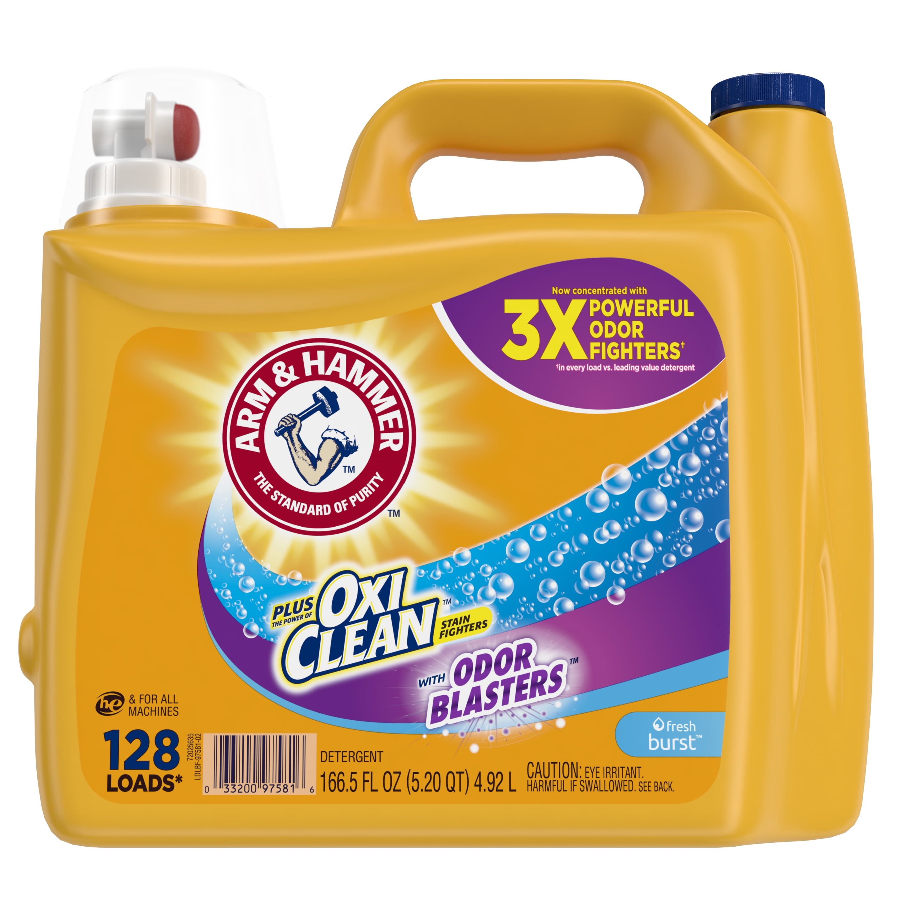 Arm Hammer Plus OxiClean Odor Blasters Fresh Burst, 128 Loads Liquid Laundry Detergent, 166.5 Fl