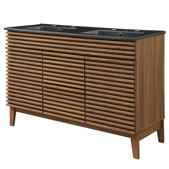 Double Sink Vanity Cabinet, Wood, Brown Walnut Black, Modern Contemporary Urban Design, Hotel Bedroom Bathroom Master Suite Guest