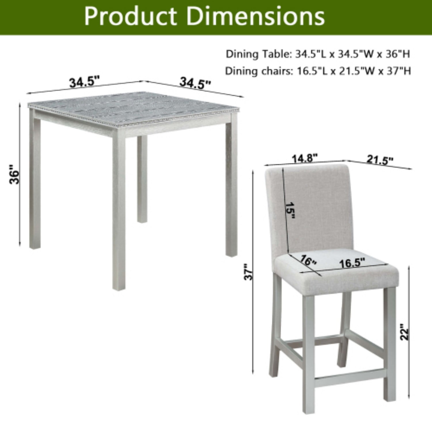 5 Piece Counter Height Dining Table Set, Square Kitchen Table with 4 Upholstered Chairs, Wooden Dining Set with Crystal Decoration for Dining Room, Silver Gray