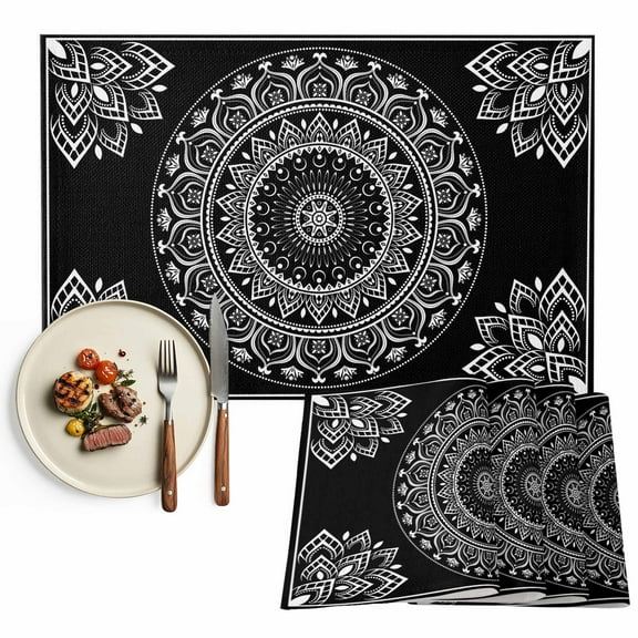 Placemats Set of 6, Black Boho Place Mats Gorgeous Bohemian Flower Tablemats Washable Placemat Table Decoration for Kitchen Table Dinner Party Home Decor Indoor Outdoor 13x19 Inch