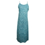 Mogul Women's Maxi Dress Blue Paisley Print Cotton Sleeveless Spaghetti Straps Dresses