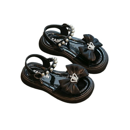 

Daeful Girls Flat Sandals Summer Princess Shoes Beach Dress Sandal Party Lightweight Pearls Ankle Strap Black 11.5C