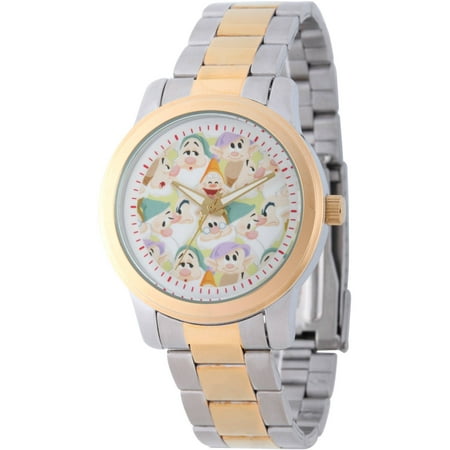 Disney Dopey, Grumpy, Happy, Sleepy, Sneezy, Doc and Bashful Men's Silver and Gold Alloy Watch, Silver and Gold Stainless Steel Bracelet