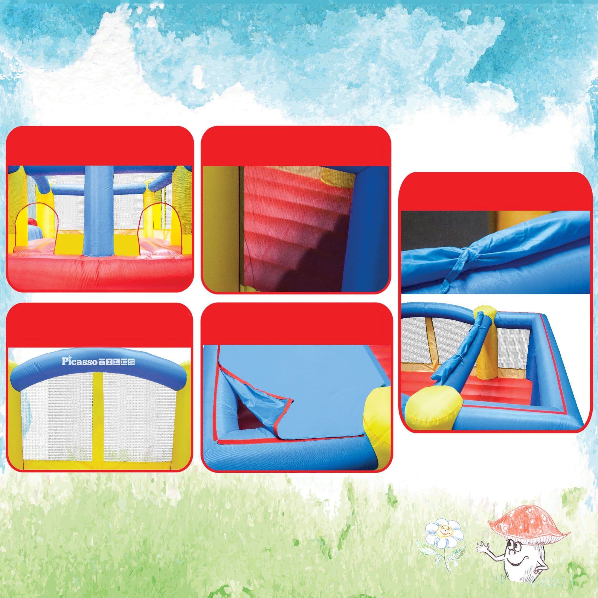 PICASSO-TILES Outdoor Inflatable Bouncer, Bounsing House, Jump Slide Dunk Playhouse with Basketball Rim, 4 Sports Balls, Full Size Entry, 580W ETL Certified Blower