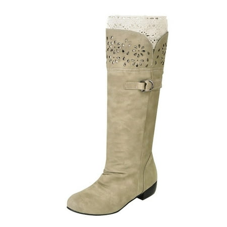 

New Arrivals Soft Women Boots Womens Autumn And Winter Flat Cavalry Boots Single Boots Hollow Lace Medium Boots