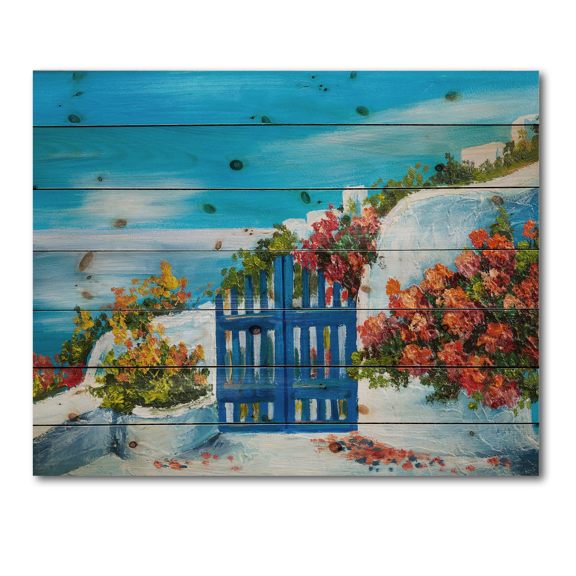 Designart 'House With Colorful Flowers Near The Sea III' Nautical & Coastal Print on Natural Pine Wood