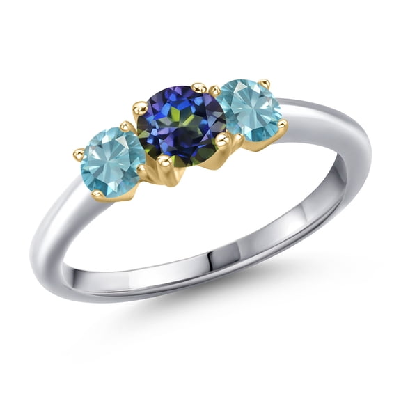 Gem Stone King 925 Silver and 10K Yellow Gold Blue Mystic Topaz and Blue Zircon Engagement Ring for Women | 1.50 Cttw | Round 5MM | Gemstone November Birthstone | Size 7