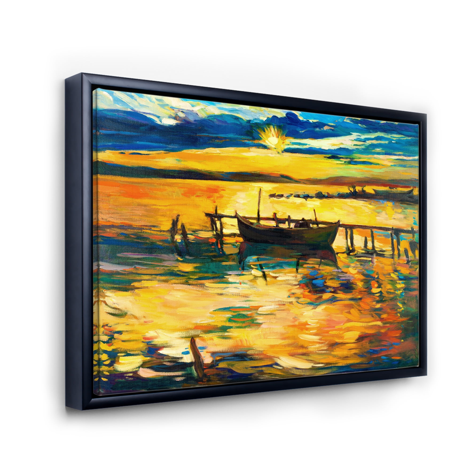 Designart 'Boat At The Lake During Evening Glow VI' Nautical & Coastal Framed Canvas Wall Art Print