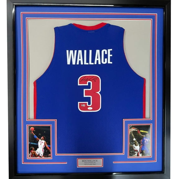 Framed Autographed/Signed Ben Wallace 35x39 Detroit Blue Basketball Jersey JSA COA
