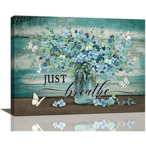 Teal Flower Bathroom Decor Wall Art Rustic Floral Wall Decor Just Breathe Flower Butterfly Pictures Farmhouse Canvas Painting Framed Artwork for Bathroom Living Room Bedroom 16"x12"
