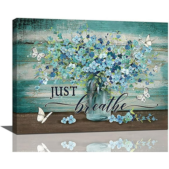 Teal Flower Bathroom Decor Wall Art Rustic Floral Wall Decor Just Breathe Flower Butterfly Pictures Farmhouse Canvas Painting Framed Artwork for Bathroom Living Room Bedroom 16"x12"