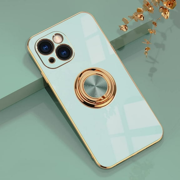 Compatible with iPhone 13 Mini Ring Holder Stand Case Glitter Plating Rose Gold Edge 360 Rotation Kickstand for Women Slim Soft Flexible TPU Protective Cover Case - 5.4 Inch (2021), Teal