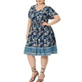thumbnail image 4 of GRACE & GRANDEUR Women's Plus Size V Neck Flare Short Sleeves Floral Boho Midi Summer Dresses 2X Dark Blue, 4 of 5