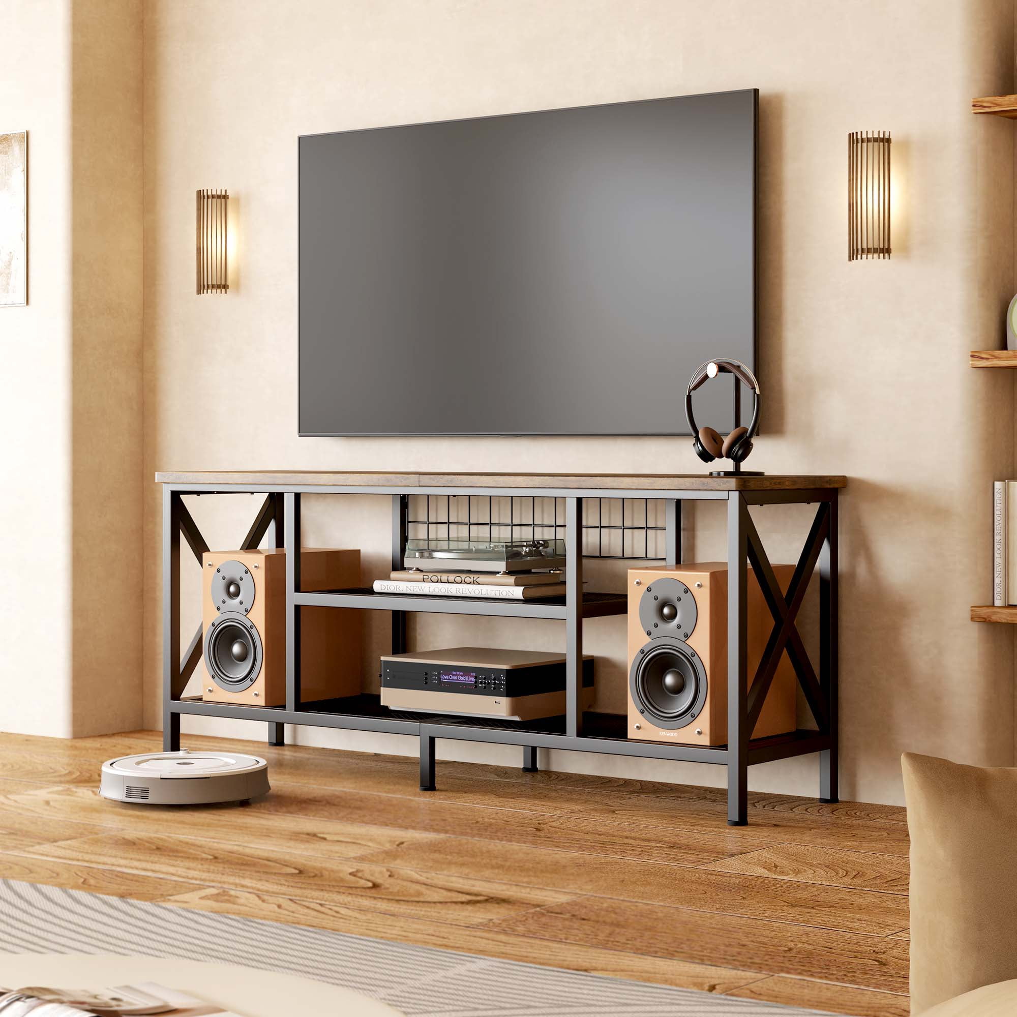 Aiho 59.8" Industrial 3-Tier Media Entertainment Center with Open Shelves & Metal Frame - Spacious TV Stand for 55-65 Inch TVs, Versatile Sofa Table for Living Room, Bedroom, Office - Rustic Brown