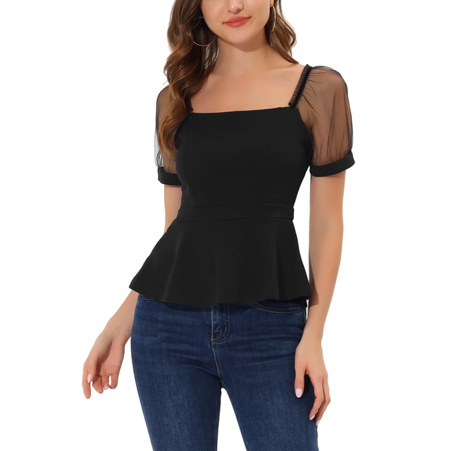 INSPIRE CHIC Hauts à Manches Bouffantes en Maille Transparente à Encolure Carrée pour Femmes m Noir