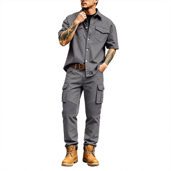 Men's 2 Piece Cargo Set Short Sleeve Button Down Shirt with Pockets and Casual Trousers Workwear Outfit