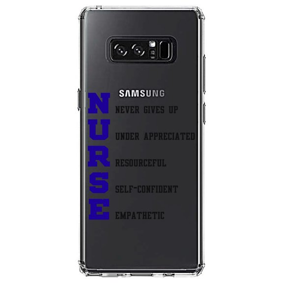 DistinctInk Clear Shockproof Hybrid Case for Samsung Galaxy Note 8 - TPU Bumper Acrylic Back Tempered Glass Screen Protector - Nurse Never Gives Up