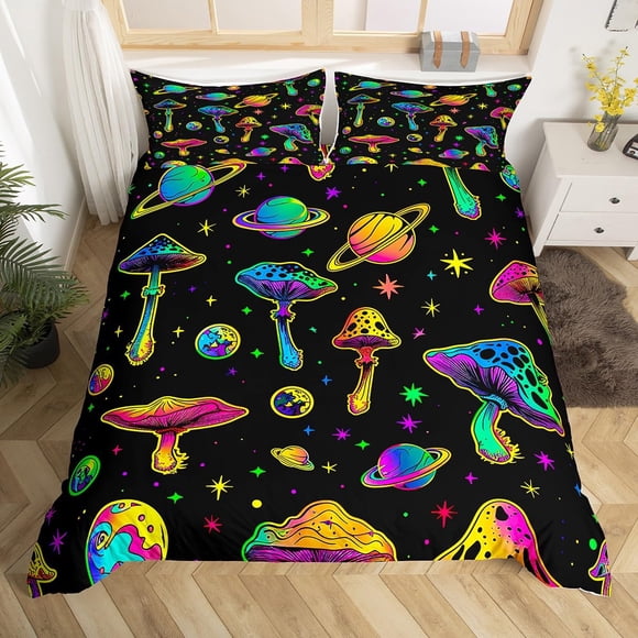 Juego de fundas de edredón Homewish Neon Mushroom, tamaño king, 3 unidades