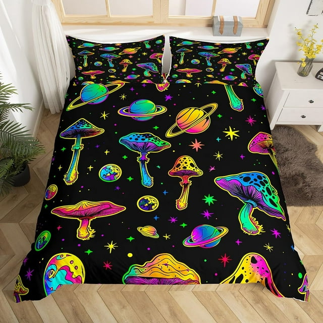 Juego de fundas de edredón Homewish Neon Mushroom, tamaño king, 3 unidades