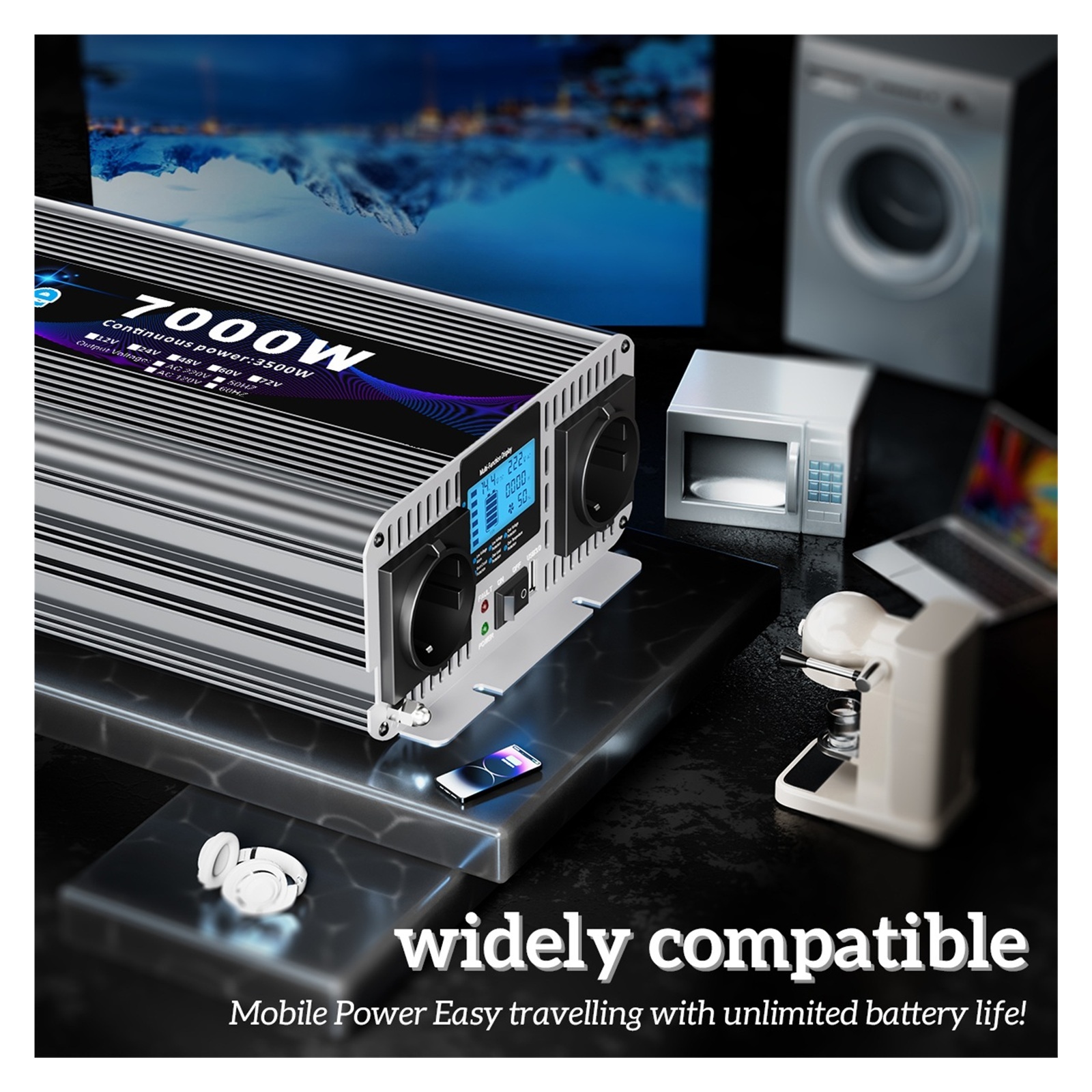 Pure Sine Wave 12V Inverter 5000W LCD Camper Solar Truck & Home Power