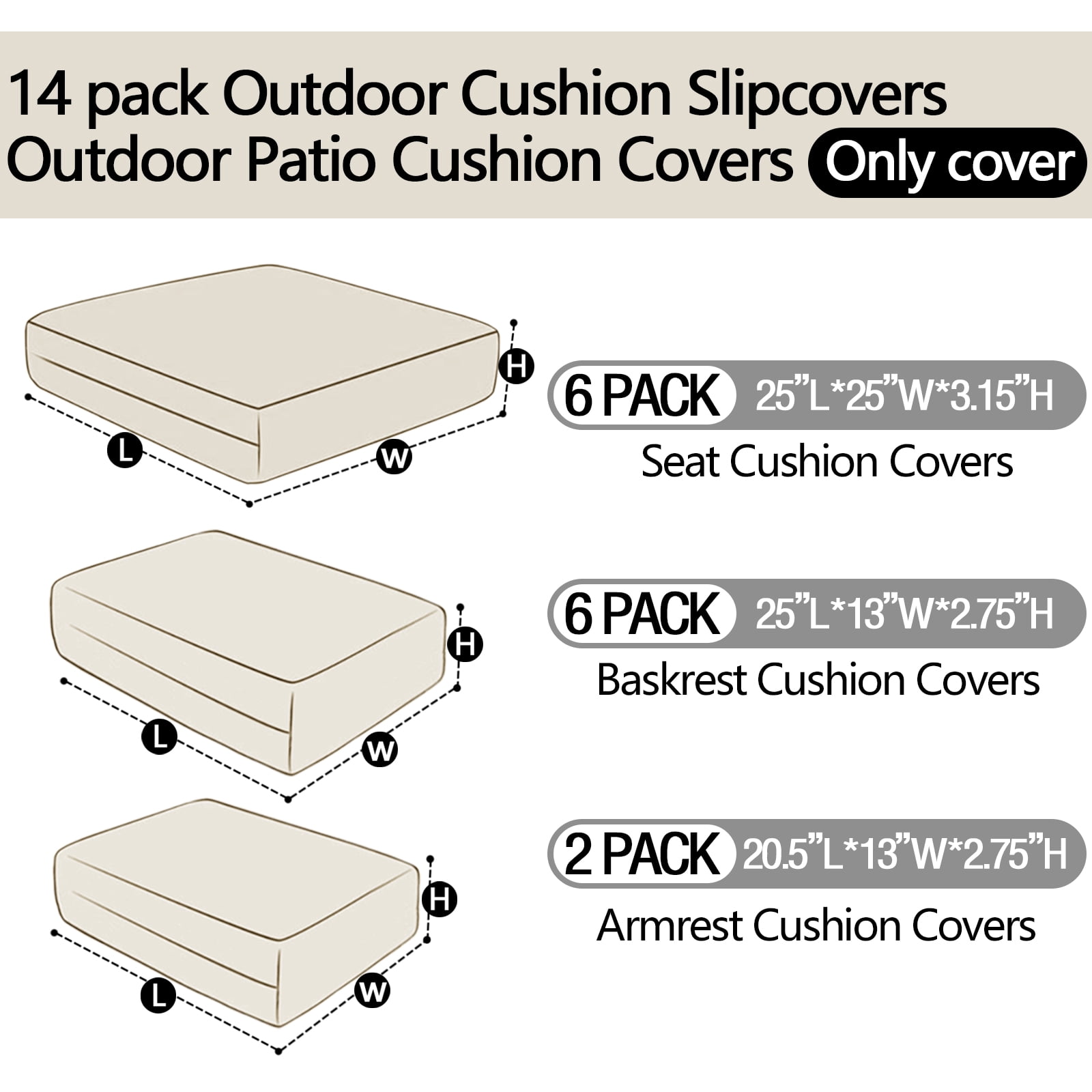 FKS LIFE 14-Piece Waterproof Patio Cushion Covers Set, Fade-Resistant Outdoor Cushion Slipcovers for Patio Furniture & Living Room, Versatile Replacement Covers for Couches, Chairs(25x25x3.15)