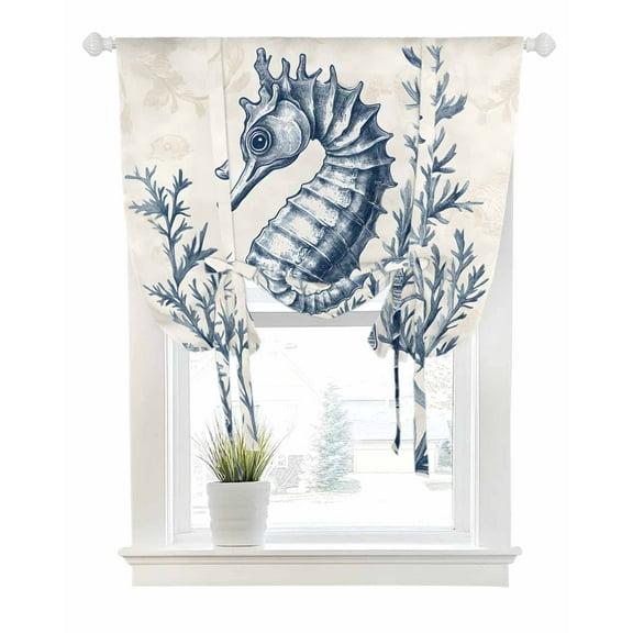 Navy Blue Seahorse Coastal Tie Up Curtains for Window, Thermal Insulated Balloon Shade Adjustable Rod Pocket Curtains Valance Panels for Kitchen Bathroom Cafe 42 x 63 Beach Botanical Farmhouse