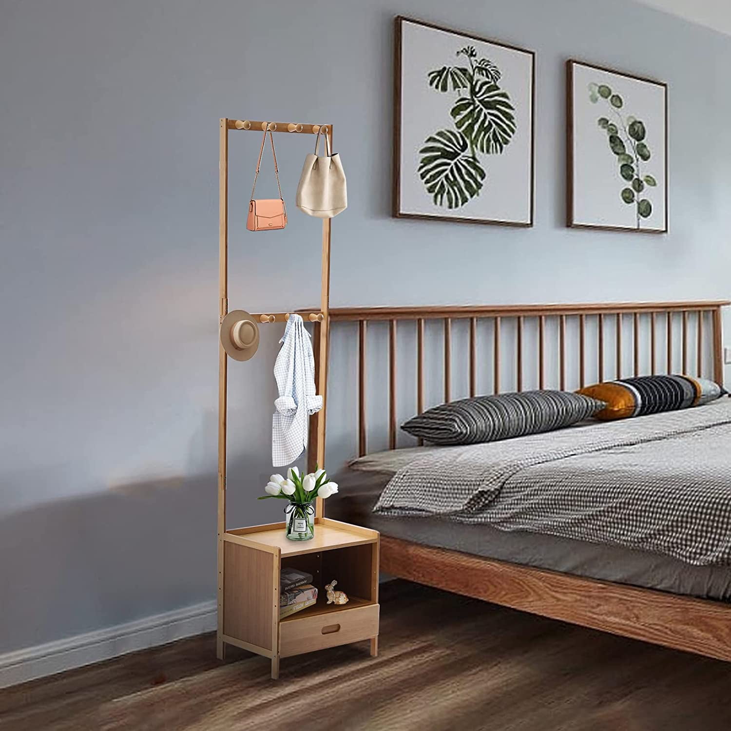 Miumaeov 3in1 Bedroom Coat Rack with a Drawer, Bamboo Coat Rack and Storage Nightstand with 8