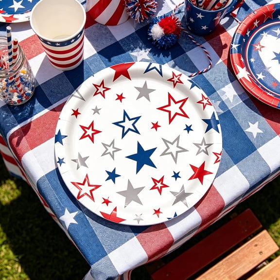 Patriotic Star Print Disposable Paper Plates, 10-Pack 7 Inch Red White Blue Dessert Plates, 4th of July Party Supplies for Independence Day Celebrations