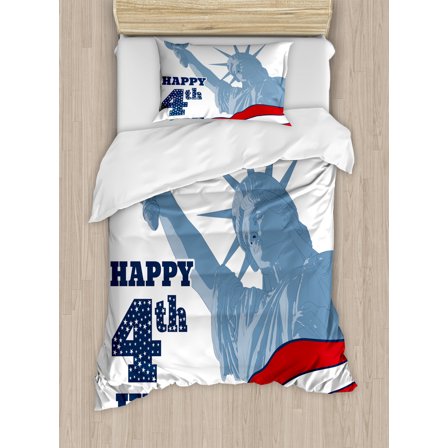 4th of July Duvet Cover Set Twin Size, Festive Independence Day Design with Old Glory Stripes and Stars Lady Liberty, Decorative 2 Piece Bedding Set with 1 Pillow Sham, Multicolor, by Ambesonne
