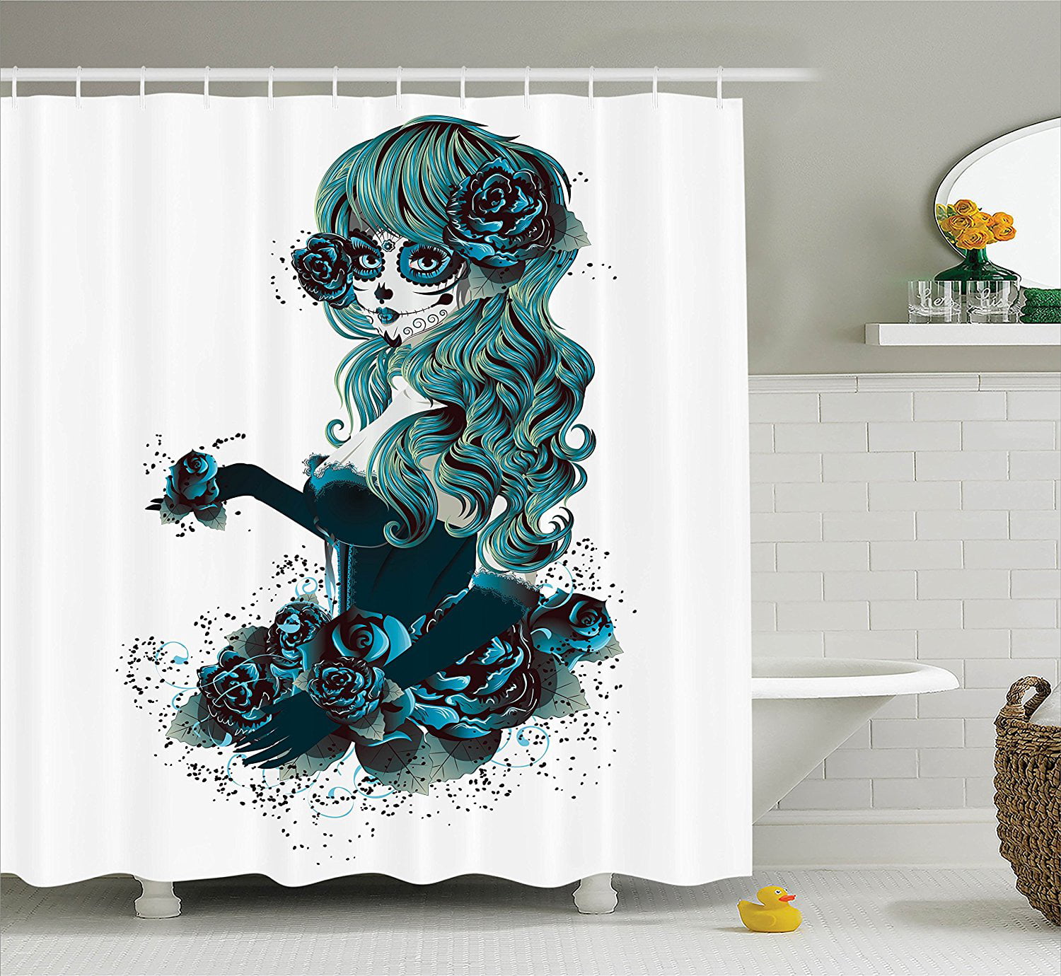 Death Skull Wedding Home Decor Waterproof Fabric Shower Curtain Bath Mat Set 72" 