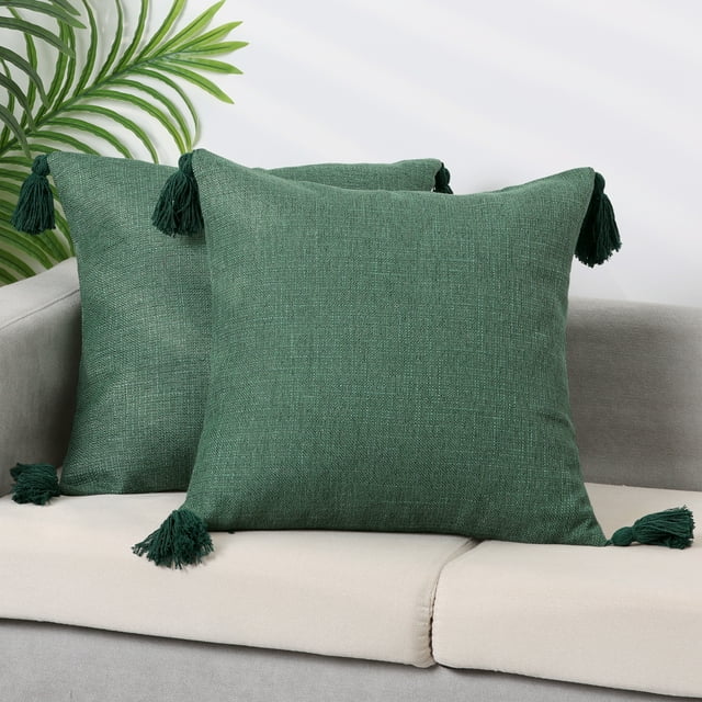 Juego de fundas de cojín de lino con flecos REGALWOVEN, 2 piezas, fundas de almohada para sofá con diseño de borlas verde 18" x 18"