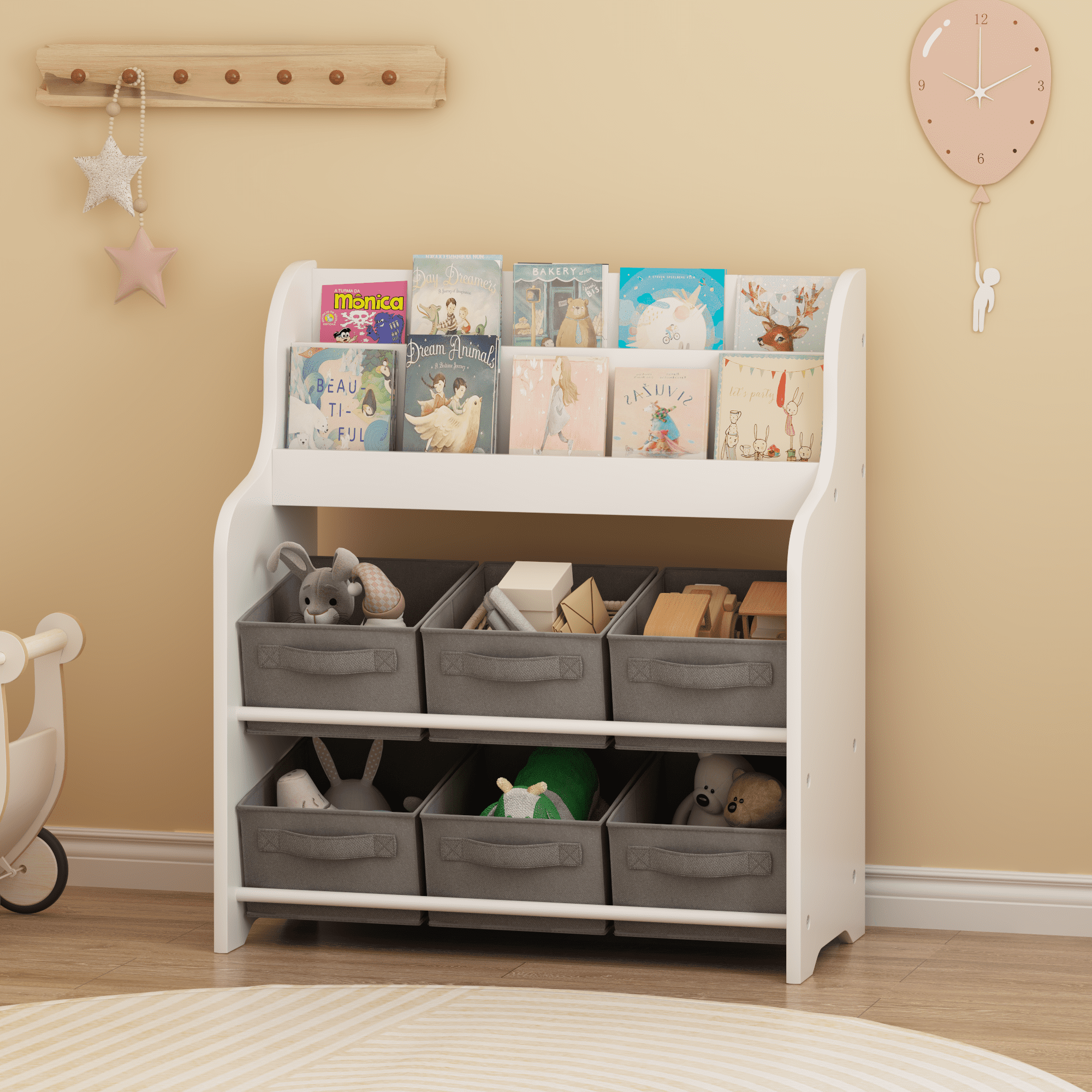 Kids Bookshelf with 6 Fabric Storage Bins, Multi-Functional Children's Bookcase and Toy Organizer, Front-Facing Display Shelf for Playroom, Bedroom or Nursery