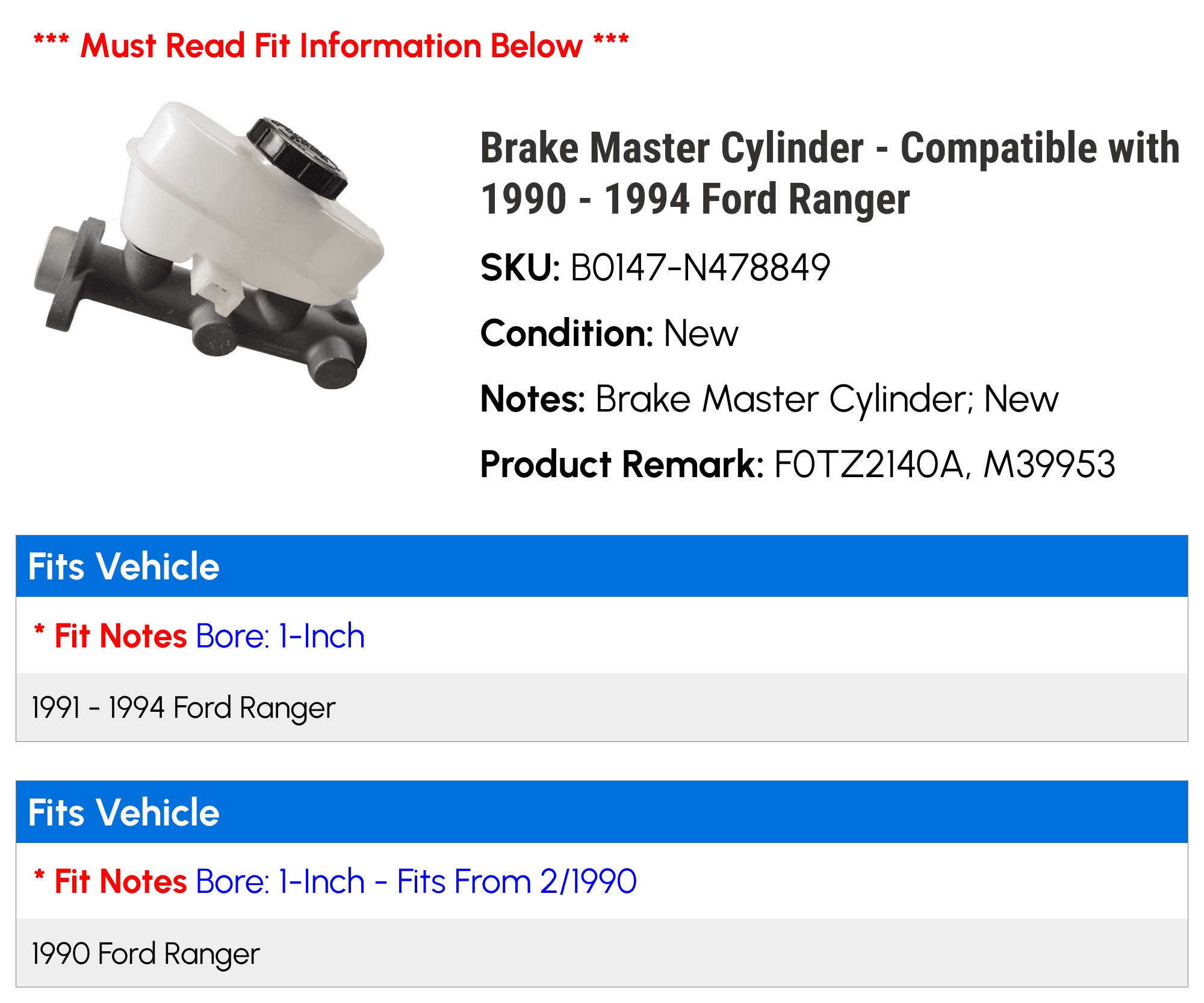 Brake Master Cylinder - Compatible with 1990 - 1994 Ford Ranger - Replacement