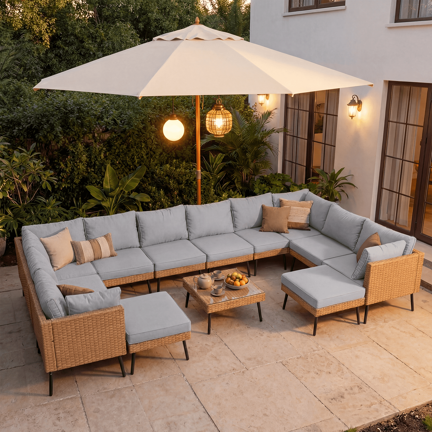 BaPiPro 13-Piece Outdoor Modular PE Rattan Wicker Sofa Set, All-Weather Patio Conversation Set with Plush Cushions & Scratch-Resistant Tempered Glass Table, Ideal for Courtyard Backyard Garden,Gray