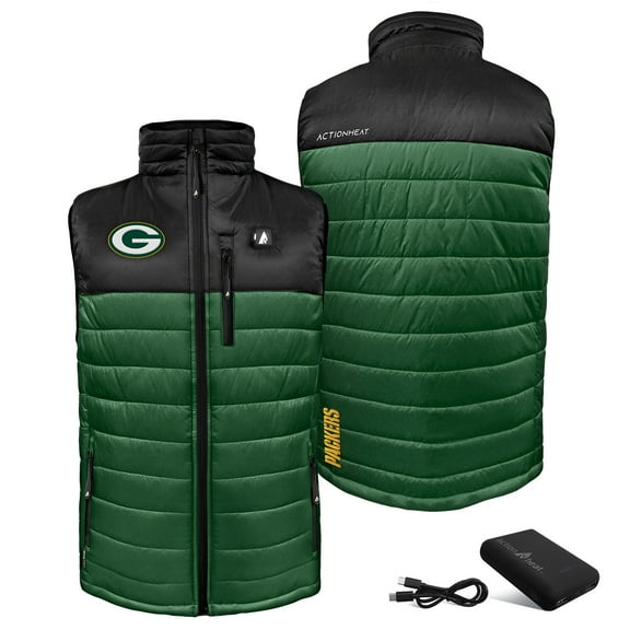 Men's ActionHeat Black/Green Green Bay Packers 5V Battery Heated Colorblock Full-Zip Puffer Vest