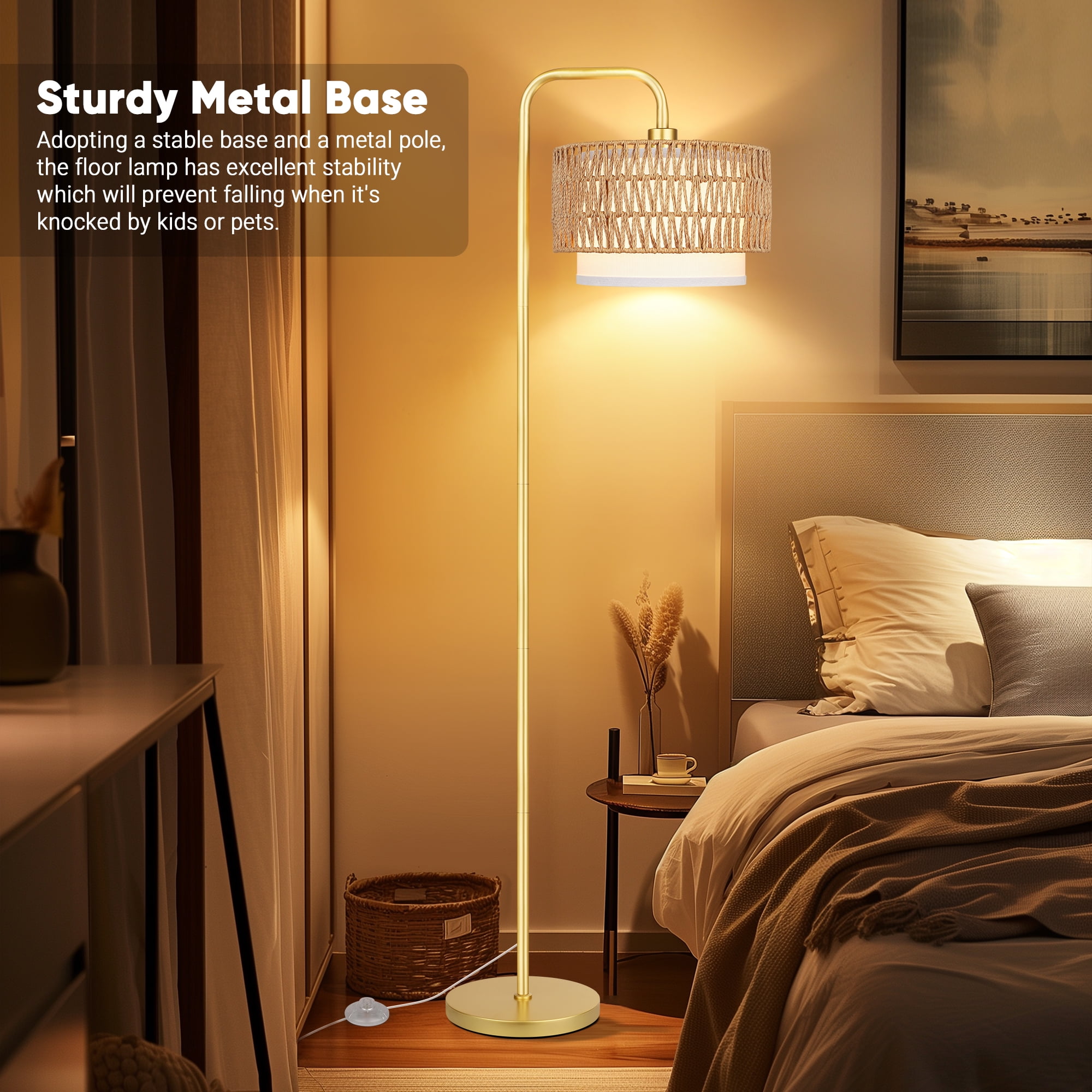 SparkGlowy Gold Floor Lamp with 3 Color Temperatures, Farmhouse Tall Lamp for Living Room, Boho Standing Lamp with Rattan & Fabric Shades