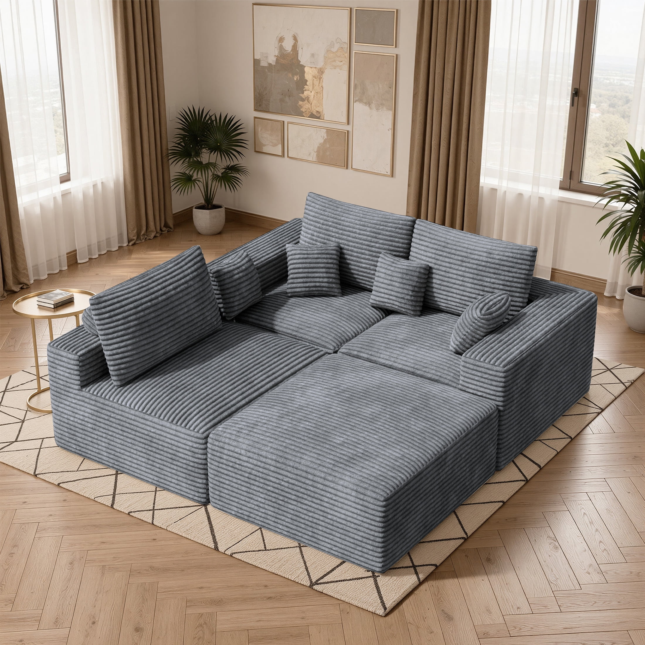 Daluvenix Modern Modular Sectional Sofa 113" L-Shaped Boneless Couch with Deep Seat Convertible Corduroy Cloud Couches for Living Room