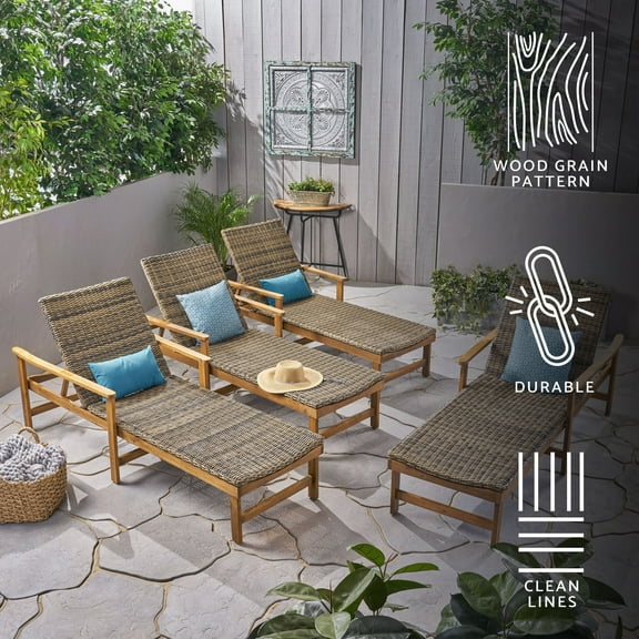 GDF Studio Savannah Outdoor Acacia Wood and Wicker Adjustable Chaise Lounge, Set of 4, Natural and Gray