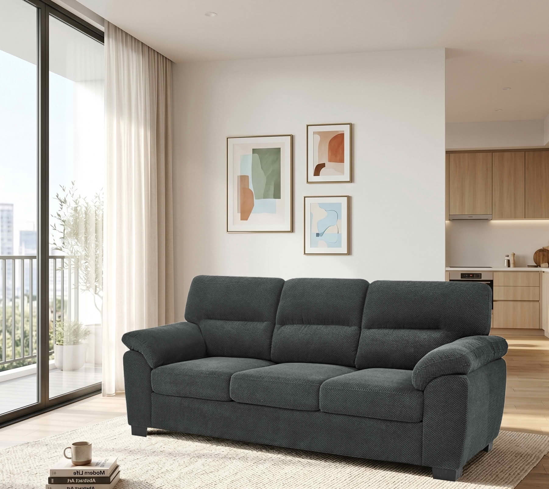 MAYEERTY 81 Inch 3‑Seater Sofa, Modern Textured Fabric Couch with Plush Track Arms & Solid Wood Frame for Living Room