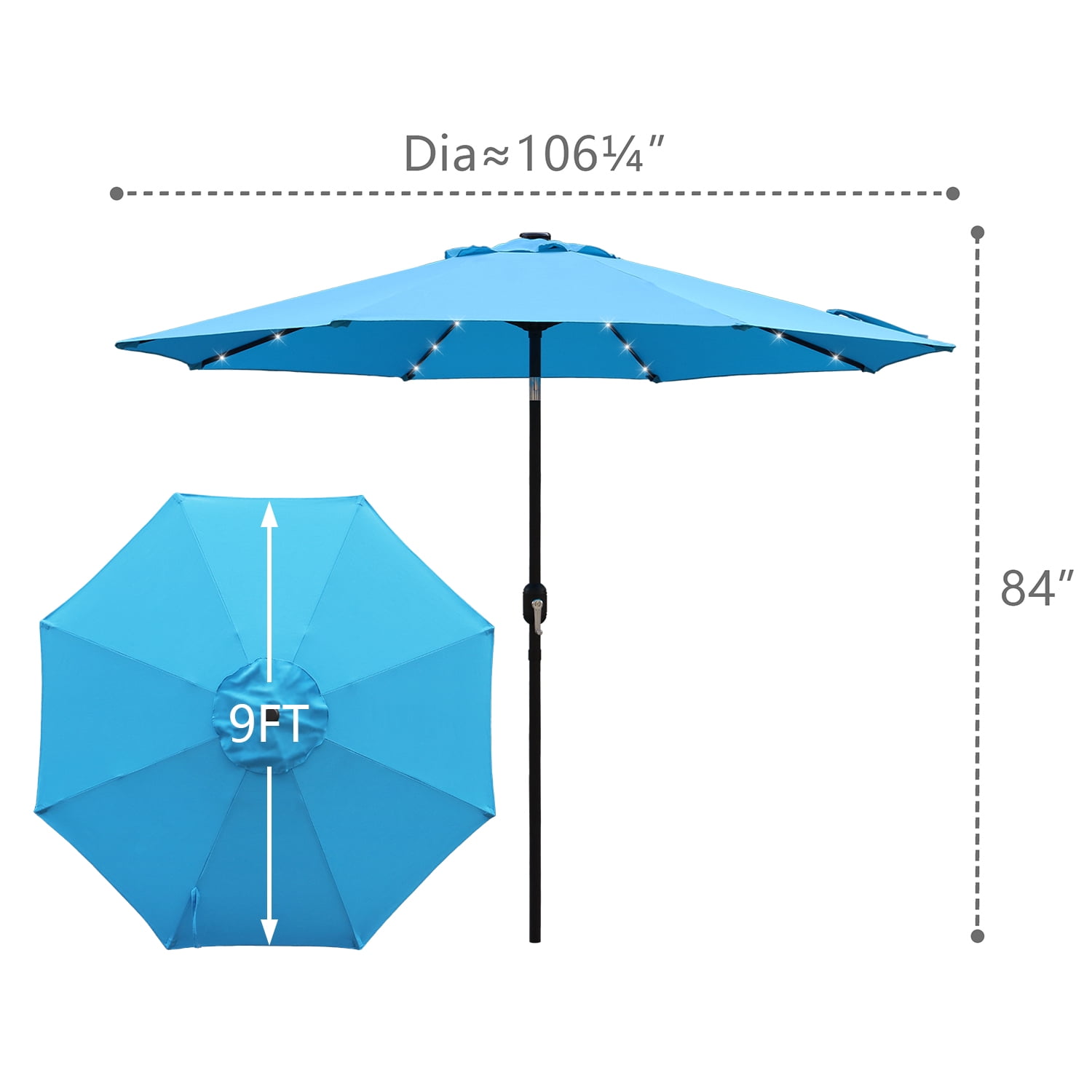 Abble 9ft Solar LED Lighted Patio Umbrella, Table Market Umbrella, Outdoor Umbrella for Garden, Deck, Backyard, Pool and Beach, Aqua