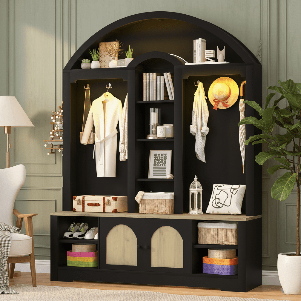 Aukfa Curved Hall Tree Wardrobe with Hooks, Shelves & Shoe Storage,Entryway Wardrobe Organizer for Hallway, Living Room,Black
