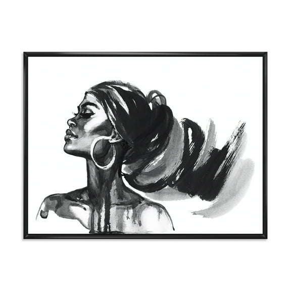 Designart 'Black and White Portrait of African American Woman IV' Modern Framed Canvas Wall Art Print